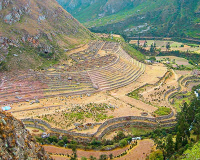 Panoramic image of Paucarcancha Inca site in the middle of Andean forests