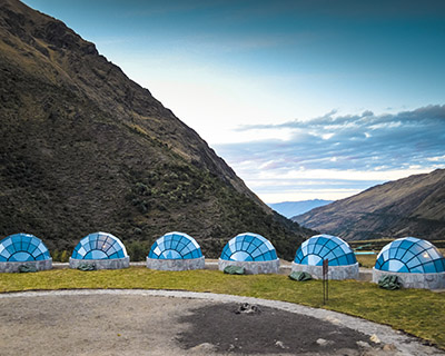 Panoramic image of the Sky Camp and the Salkantay valley